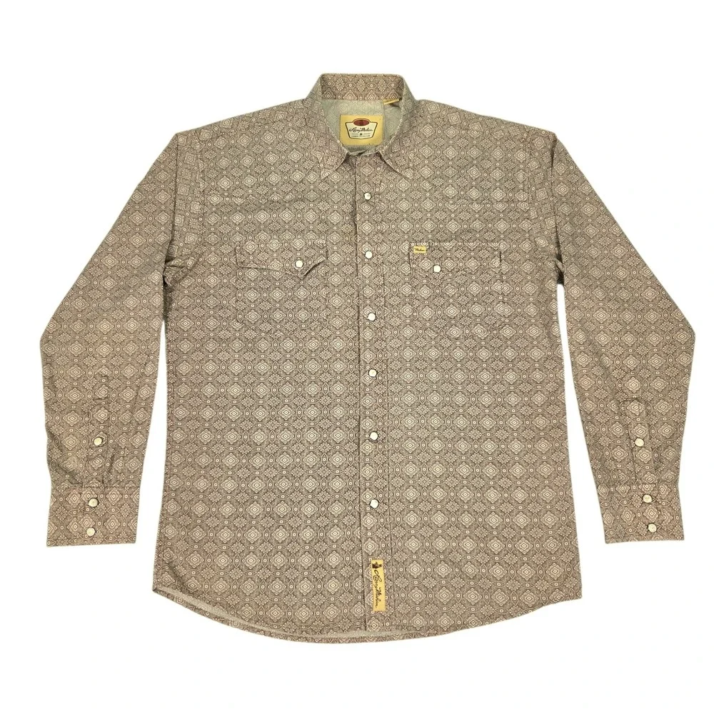 Vtg Larry Mahan‎ Western Pearl Snap Shirt Men XL Brown Geometric Print Cowboy